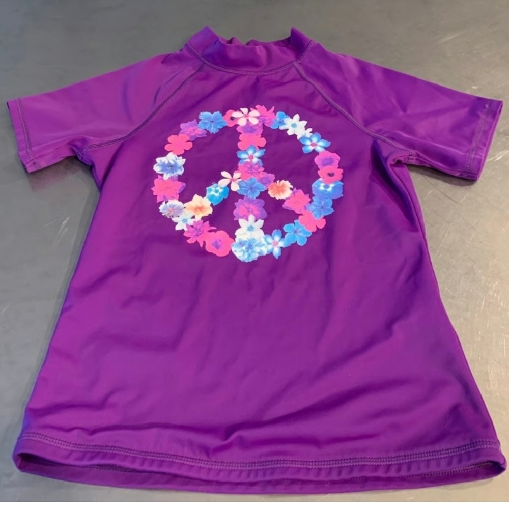 Lands' End Purple Floral Peace Sign Graphic Rashguard Top Swimwear Girls Size 16